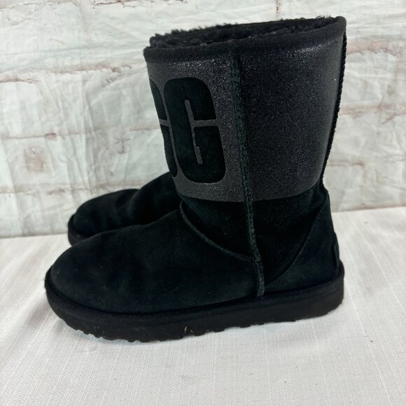 UGG Girl's Women's 6 Black Classic Short Sparkle Suede Glitter Boots - Picture 6 of 9